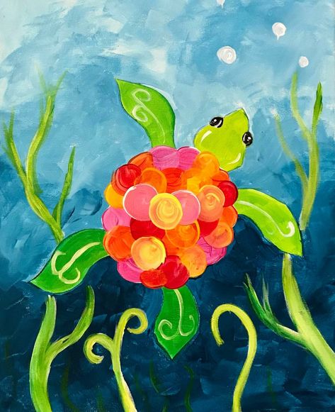 Kids Paint Party Ideas Canvases, Easy Turtle Painting, Underwater Painting Easy, Turtle Art Kids, Kid Painting Ideas, Paintings For Kids, Art Auction Projects, Painted Window Art, Kids Canvas Painting