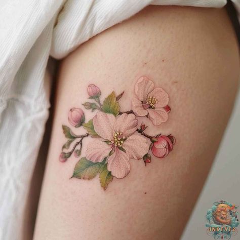 Apple Blossom Tattoo Small, Pink And Green Tattoo, Apple Blossom Flower Tattoo, Apple Flower Tattoo, Apple Tattoo Small, Pink Flowers Tattoo, Peach Blossom Tattoo, Flower Tattoo Thigh, Plum Blossom Tattoo