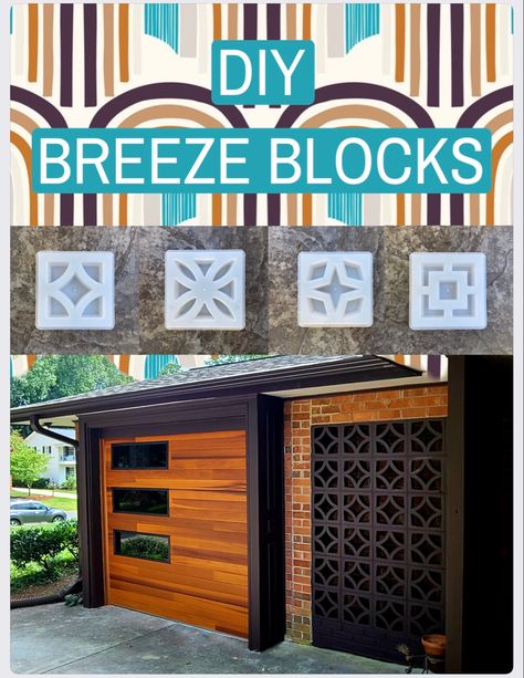 Mid Century Modern Home with Diamond Pattern Breeze Blocks Breeze Block Exterior, Cement Breeze Blocks, Breeze Blocks Ideas Garden, Concrete Breeze Blocks, Concrete Deck Blocks Ideas, Black Breeze Block Wall, Breezeway Block Ideas, Breeze Block Front Entrance, Breeze Block Porch