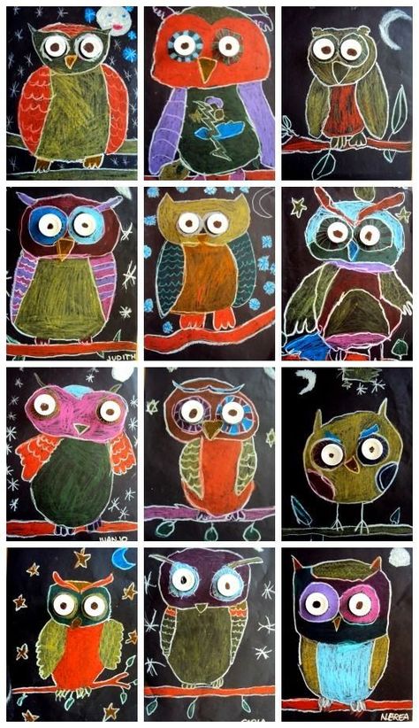 The Lost Sock : Night Owls for Fall Art Plastique Halloween, Art 2nd Grade, Winter Kunst, Classe D'art, First Grade Art, 2nd Grade Art, Fall Art Projects, 3rd Grade Art, Pastel Sec