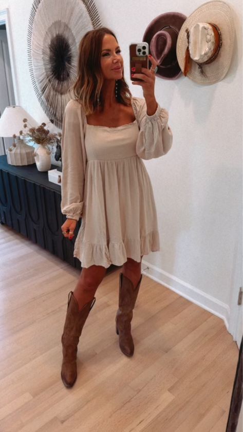 RESTOCK - Everett Dress curated on LTK Fall Dresses With Western Boots, Neutral Fall Dress, Western Gender Reveal Outfit, Stockyards Outfit, Dress With Western Boots, Western Wedding Guest Outfit, Baby Shower Outfit For Guest Fall, Engagement Party Outfit Guest, Outdoor Party Outfits