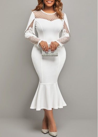 White Material Gown Styles For Ladies, White Mermaid Dress, White Lace Party Dress, White Lace Dress Long, Long Sleeve Mermaid Dress, Red Dress Sleeves, Girls Ball Gown, Latest Dress For Women, Funky Dresses