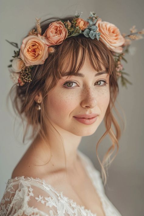 90+ Wedding Flower Crowns For Completing Your Boho Look | Matched Hearts Flower Crown Updo, Wedding Flower Crowns, Flower Crown Veil, Wedding Hair Flower Crown, Wildflower Wedding Bouquet, Flower Headpiece Wedding, Romantic Theme Wedding, Boho Bridal Hair, Sunflower Wedding Bouquet