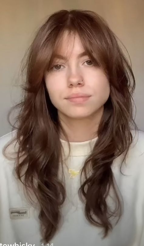 70s Hairstyles Wavy Hair, 70s Layers Hair Long Shag, Wispy Fringe Wavy Hair, Shaggy Layered Haircuts Long Wavy, Slight Fringe Haircuts, Wolfcut Hair Long Wavy With Bangs, Ayla Woodruff Hair, Fringe Haircut Wavy Hair, Soft Shag Long Hair