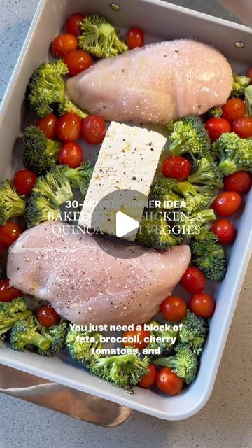 Mediterranean Diet | Recipes | Meal Plan 🇺🇸 on Instagram: "This baked feta, chicken & quinoa with veggies has over 8 million views and so many remakes…for good reason!! it’s so easy, delish, & makes for perfect leftovers 🍅🍃🥦   Here’s everything you need: - 1 cup (8oz) feta cheese (block is best but crumbled works) - 2 tbsp olive oil - 1 cup cherry tomatoes - 2 cups chopped broccoli florets - 1 +1/2 lbs boneless chicken breast - 1 tsp salt - 1/2 tsp black pepper - 2 tsp garlic powder - 1/2 cup fresh basil leaves - 1 cup cooked quinoa  Preheat oven to 400 degrees. In a large casserole dish, add the feta block, olive oil, cherry tomatoes, broccoli, and chicken, spacing the chicken evenly and placing the feta in the middle.  Cover everything with the salt, pepper, and garlic powde Feta Chicken Quinoa Bake, Feta Cheese Casserole, Feta Cheese Recipes Chicken, Chicken Feta Broccoli Sheet Pan, Feta Cheese And Chicken Recipes, Baked Feta Chicken And Quinoa, Block Feta Cheese Recipes, Feta Cheese Block Recipes, Feta Veggie Bake