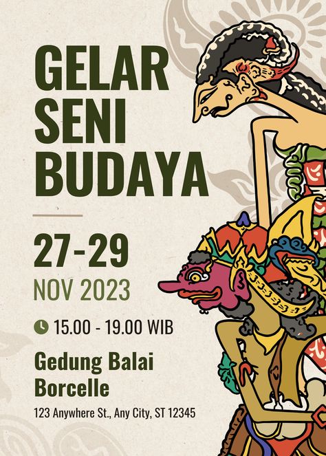 Desain poster untuk peringatan pangelaran seni budaya tradisi Indonesia. Kalian bisa menggunakannya secara bebas dan bisa mengeditnya dengan canva website. Pentas Seni, Desain Buklet, Canva Website, Deep Art, Poster Template, Poster Design, Typography, Mural, Graphic Design