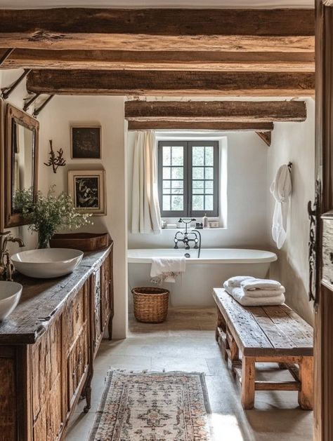 u1942658271_A_French_country_bathroom_with_rustic_wooden_beam_cd6f9806-36ae-4642-8b76-49af5956eb05_3 Hill Country Bathroom, Rustic Villa Interior Design, French Country House Bathroom, Country Style Bathroom Ideas Farmhouse, European Countryside Aesthetic Home, French Country Home Aesthetic, English Country House Bathroom, Industrial French Country, European Country Home Interiors