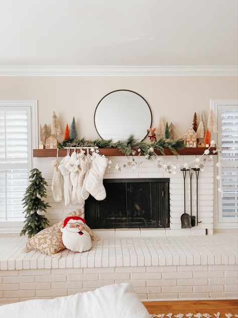 Wood Stove Christmas, Mantle Art, Black Brick Wall, Neutral Christmas Decor, Holiday Mantel, Black Brick, Jolly Holiday, Christmas Mantle, Christmas Time Is Here