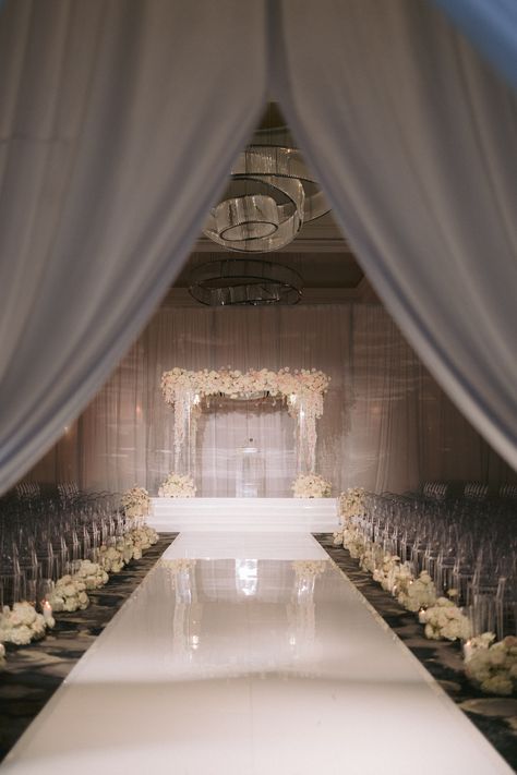 Gym Wedding Ceremony, Wedding Decor Hotel Ballroom, Wedding In Ballroom, Ballroom Ceremony Decor, Wedding Hotel Decorations, Wedding Ceremony Setup Indoor, Runway Ceremony Seating, Hotel Ballroom Wedding Receptions, Hotel Wedding Ceremony Decorations