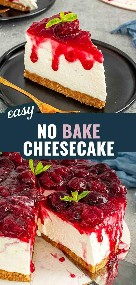 This No Bake Cheesecake is the perfect dessert for any occasion—rich, creamy, and no oven needed! 🍰 #NoBakeCheesecake #EasyDesserts #CheesecakeLovers #NoBakeDesserts #SweetTreats Strawberry Cheesecake No Bake, Unique Recipes Desserts, Cherry Cheesecake Recipe, No Bake Cheesecake Filling, Delicious Cheesecake Recipes, No Bake Cherry Cheesecake, Cherry Topping, Easy No Bake Cheesecake, Baked Cheesecake Recipe