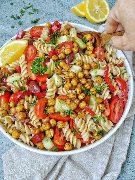 Mediterranean Pasta Salad with Spiced Chickpeas - Munchmeals by Janet Mediterranean Pasta Salad, Mediterranean Pasta Salads, Vegan Pasta Salad, Mediterranean Pasta, Spiced Chickpeas, Chickpea Pasta, Whole Wheat Pasta, Healthy Pastas, Roasted Chickpeas