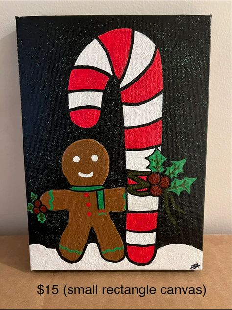 Gingerbread Family Painting, Fun Christmas Paintings On Canvas, Christmas Canvas Ideas For Kids, Easy Things To Paint Christmas, Christmas Canvas Art Ideas, Christmas Oil Pastel Drawings, Christmas Diy Canvas Painting, Paint And Sip Ideas Step By Step Christmas, Christmas Paint Night Ideas Easy