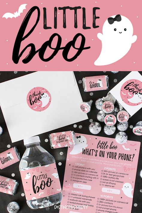 Party games and favors featuring Pink Little Boo Ghosts Baby Shower items for a girl Halloween party celebration Boo Themed Baby Shower Ideas, Little Boo Baby Shower Ideas Pink, Halloween Baby Shower For Girl, Spooky Baby Shower Ideas Girl, Boo Baby Shower Theme, A Little Boo Is Almost Due, Little Boo Baby Shower Ideas, October Girl, Halloween Baby Shower Theme