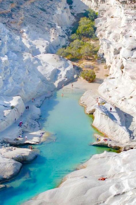 Sarakiniko Beach is located on the north shore of Milos in Greece, in the Aegean Sea. The beach is known for its unique and unusual landscape which is often compared to a moonscape. The bone-white beach derives its unusual characteristics from the erosion of the volcanic rock by the wind and waves making Sarakiniko one of the most photographed landscapes in the Aegean. It is arguable the most Instagrammed beach in Greece #AmazingGreece #SarakinikoBeach #Milos #Cyclades #AegeanSea ❤️🇬🇷🏖️ Beach In Greece, Greece Landscape, Sarakiniko Beach, Mediterranean Summer, Volcanic Rock, Summer Mood, White Beach, Aegean Sea, Bone White