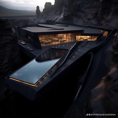 Dark Modern Mansion, Black Mansion Modern, All Black House Interiors, Home Aesthetic Minimalist, Black Luxury House, Mob Aesthetic, Dark House Aesthetic, Mafia House Aesthetic, Dark Modern House