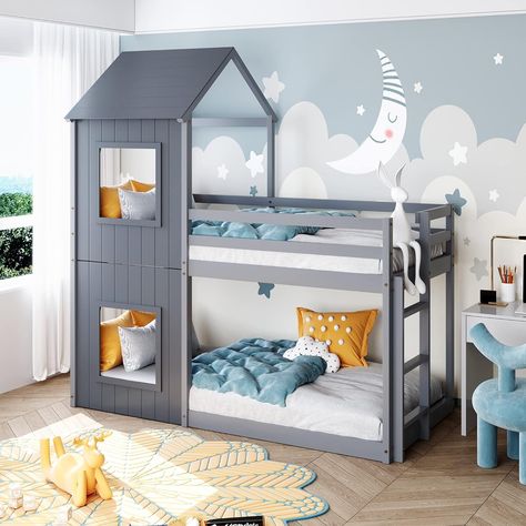 Childrens Bed With Slide, Tree House Bunk Bed, Cabin Beds For Kids, House Canopy, Grandma Ideas, Single Bunk Bed, Mid Sleeper, Kids Bed Frames, House Bunk Bed