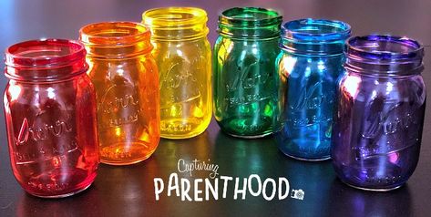 Rainbow-Tinted Mason Jars Colored Jars Diy, Seaglass Mason Jars Diy, Diy Paint Mason Jars, How To Color Mason Jars, How To Tint Mason Jars, How To Color Wine Bottles, Color Mason Jars Diy, Rainbow Mason Jars, Painting Jars Diy