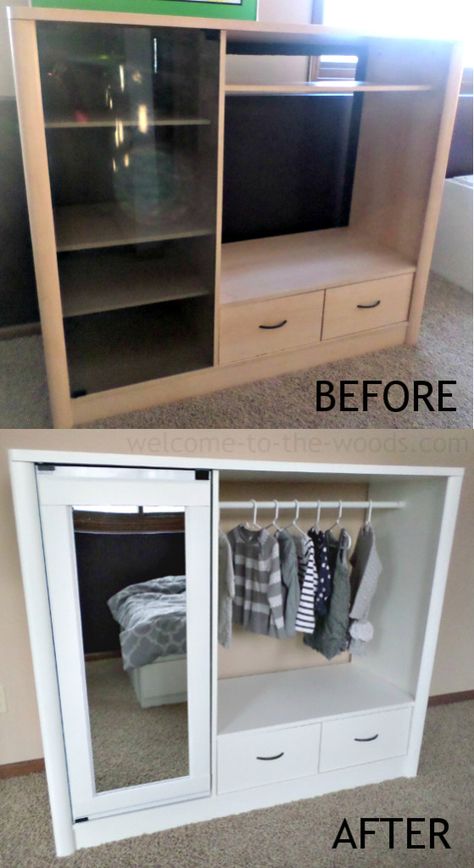 Entertainment Center to Closet Makeover! I love this transformation of furniture one doesn't use anymore to something adorable and useful! Dresser Makeover Diy, Closet Armoire, Armoire Furniture, Diy Entertainment, Kids Closet, Kid Closet, Diy Entertainment Center, Closet Makeover, Refurbished Furniture