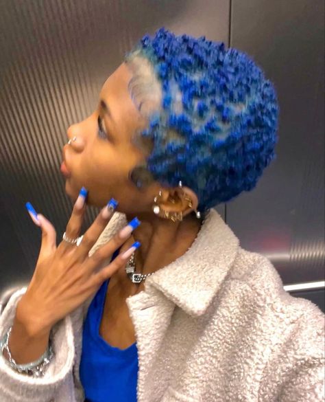 Blue Natural Hair, Short Blue Hair, Finger Waves Short Hair, Short Dyed Hair, Short Natural Curly Hair, Twa Hairstyles, Natural Hair Short Cuts, Short Hair Black, Dyed Hair Inspiration