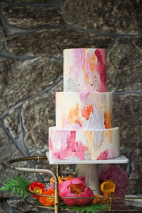 colorful abstract cake inspired by Ashley G - photo by Jessica Cooper Photography http://ruffledblog.com/colorful-summer-wedding-inspiration Watercolor Wedding Cake, Summer Wedding Cakes, Naked Cakes, Tiered Cake, Wooden Cake, Cake Trends, Summer Wedding Colors, Wedding Inspiration Summer, Painted Cakes