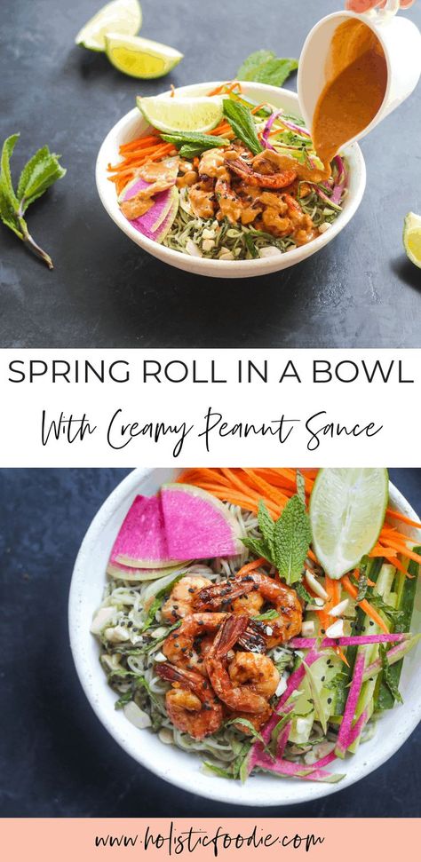 All the flavor of a spring roll in a bowl. This deconstructed spring roll bowl is healthy and perfect for meal prep. Add some shrimp for protein and don't forget the delicious peanut sauce on top. Use soba noodles or rice noodles to keep it gluten free. #springroll #shrimp #glutenfree #dairyfree #peanutsauce #fresh #dinner #mealprep Deconstructed Spring Roll, Spring Roll In A Bowl, Spring Roll Bowl, Easy Peanut Sauce, Spring Roll, Soba Noodles, Peanut Sauce, Delicious Dinner Recipes, Rice Noodles