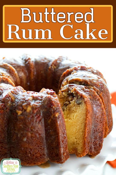 This insanely delicious homemade Buttered Rum Cake is holiday ready #butteredrum #butteredrumcake #cakes #cakerecipes #pecns #pecancake #desserts #dessertfoodrecipes #holidaybaking #holidays #rum #southernrecipes #southernfood via @melissasssk Buttered Rum Cake, Butter Rum Cake, Rum Cake Recipe Easy, Liquor Cakes, Thanksgiving Recipes Dessert, Crumb Cakes, Rum Cake Recipe, Butter Rum, Buttered Rum