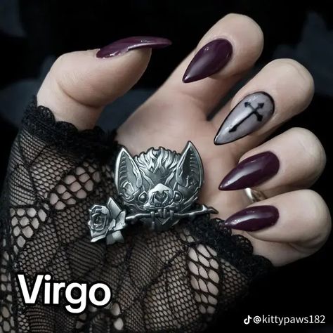 Gothic Matte Nails, Vampire Nails Gothic Aesthetic, Gothic Nails Purple, Goth Nails Purple, Goth Coffin Nails, Goth Nails Ideas, Simple Gothic Nails, Gothic Nails Short, Purple Goth Nails