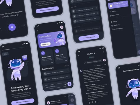 AI Chatbot App UI by Ava Fami on Dribbble Space App Design, Chatbot Ui Design, Chat App Ui Design, Futuristic App Design, Chat Bot Ui Design, Music App Onboarding Screen, Search Ui, Chatbot App, Coding Jobs