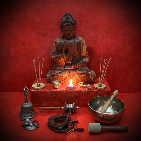 Setting up a Buddhist shrine for shrine with our goods for the next catalogue Buddhist Shrine Home, Buddhist Meditation Room, Buddhist Alter, Ancestral Altar, Thai Mat, Shrine Room, Sacred Room, Buddha Altar, Home Shrine