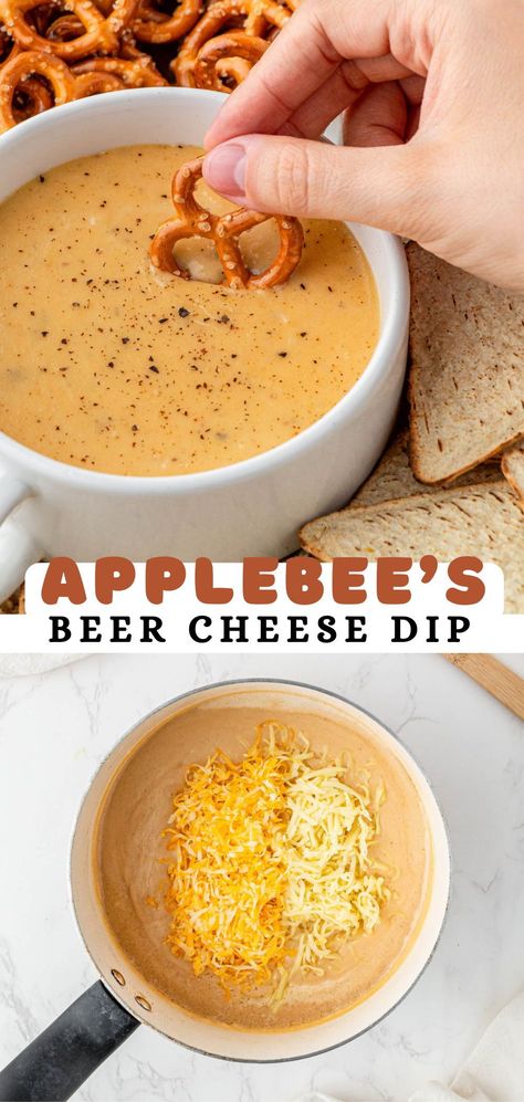 Applebee’s Beer Cheese Dip is creamy, made with a crisp pale ale, and is packed full of light yet savory flavors. This famous beer cheese dip appetizer is great to serve on game day or at your next party with warm soft pretzels or crunchy corn chips. Soft Pretzel And Beer Cheese Dip, Beer Cheese Dip Velveeta, German Beer Cheese Dip Crockpot, German Beer Cheese Dip For Pretzels, Wisconsin Beer Cheese Dip, Slow Cooker Beer Cheese Dip, Pretzel Cheese Dip Recipes, Cheese Dip For Pretzel Bites, Dips To Go With Pretzel Crisps