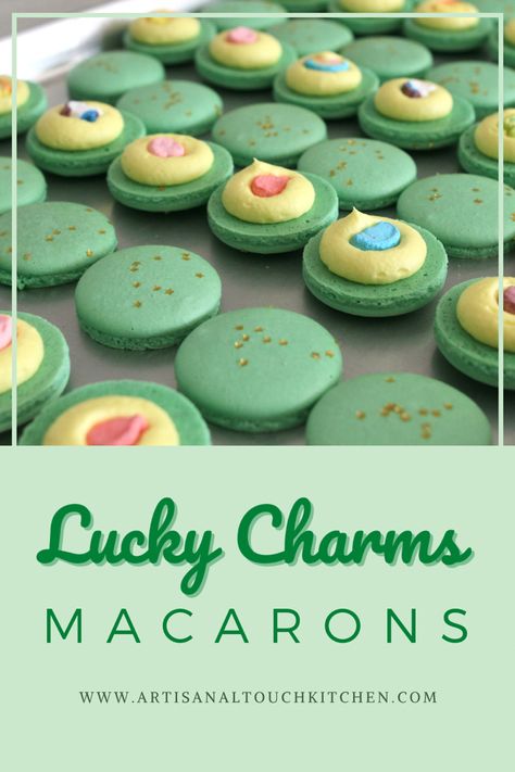 St Patricks Day Macaron Flavors, St Patricks Day Macaron, Lucky Charms Dessert Ideas, St Patricks Day Cookie Recipes, St Patricks Day Baking Recipes, St Patricks Day Sweet Treats, St Patrick’s Day Macarons, March Baking Ideas, Mint Chocolate Chip Macarons