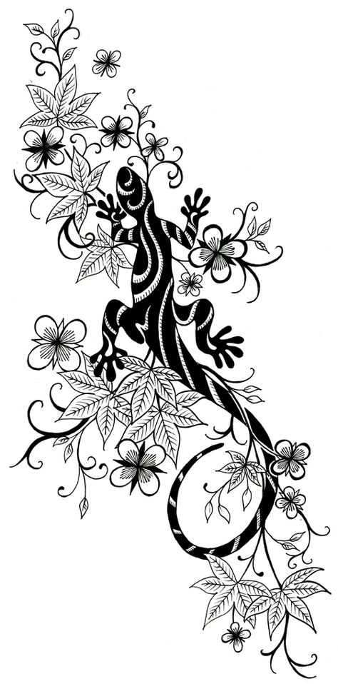 Lizard With Flowers Tattoo, 2 Color Tattoo, Lizard And Flower Tattoo, Gecko Tattoo For Women, Lizard Tattoo Design, Lizard Silhouette, Lines Embroidery, Lizard Drawing, Gecko Tattoo