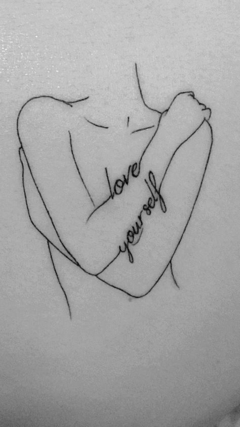 Women Kissing Silhouette Tattoo, Woman Hugging Self Tattoo, Womans Silloute Tattoo, Girls Need Love Tattoo, Hugging Yourself Tattoo, Self Love Line Art Tattoo, Self Love Minimalist Tattoo, Self Hug Tattoo, Body Silhouette Tattoo