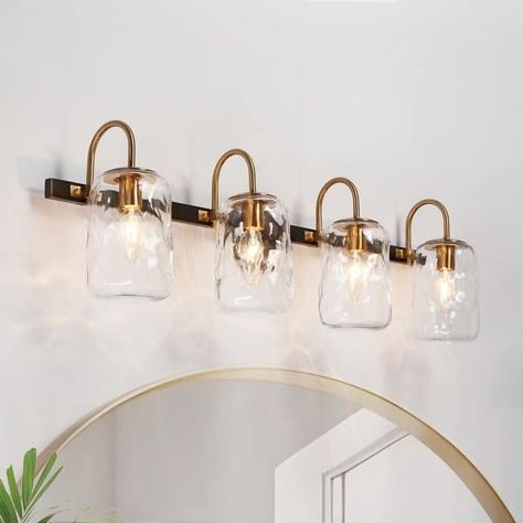 Modern Gold 4-Light Bathroom Vanity Lights Textured Glass Wall Sconces - On Sale - Bed Bath & Beyond - 37893488 Large Mirrors, Mason Jar Design, Toilet Vanity, Brass Vanity Light, Modern Vanity Lighting, Vanity Light Bar, Black Vanity Light, Linear Pendant Light, Contemporary Vanity