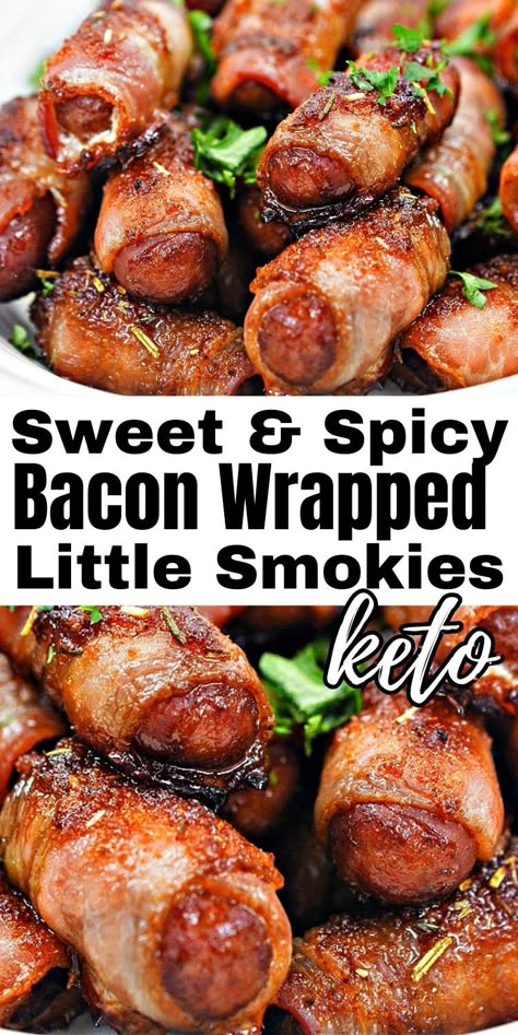 Bacon Wrapped Smokies Keto, Sweet And Spicy Bacon Wrapped Little Smokies, Keto Bacon Wrapped Smokies, Bacon Wrapped Sweet Peppers, Keto Lil Smokies Recipes, Keto Little Smokies Recipes, Keto New Years Eve Food, Keto Lil Smokies, Keto Superbowl Party Food