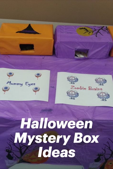 Halloween Party Feel Boxes, Creepy Halloween Sensory Boxes, Spooky Feel Boxes, Halloween Mystery Box Ideas Food, Halloween Mystery Boxes Ideas, Halloween Box Guessing Game, Halloween Sensory Box Game, Halloween Spooky Box Ideas, Halloween Mystery Sensory Boxes