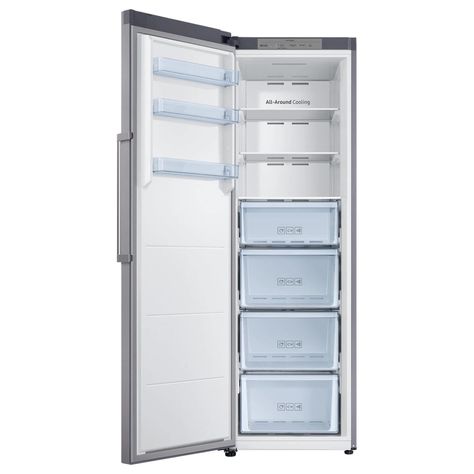 The 11.4 cu. ft. Samsung Convertible Upright Freezer features a convertible zone that can switch from freezer to fridge. It's designed for flexibility with removable drawers, adjustable door bins and shelves. High-efficiency LED lighting makes it easy to find exactly what you are looking for. A convertible freezer, which can switch between freezer and fridge, is perfect for any home, no matter what your needs. All drawers can be removed for more shelf space, door bins can be raised and lowered, and shelves can be adjusted. Design it for what you need to store. Speeds up the freezing process at maximum fan speed and can maintain full speed for 50 hours. Convertible zone Organzational options Reversible door 11.4 cu. ft. capacity High-Efficiency LED lighting Digital display buttons 4 tempera Space Door, Tall Fridge, Samsung Appliances, Stainless Steel Fridge, Ice Makers, Small House Floor Plans, Upright Freezer, Freezers, Fridge Freezers