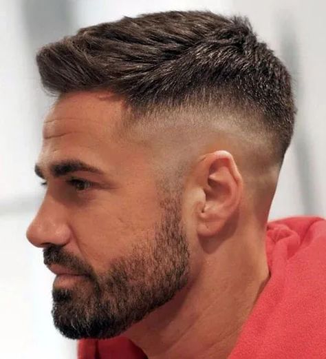 Thick Longer Top with Short Skin Fade and Beard Crew Cut Hair, Very Short Hair Men, Haircut Ideas Trendy, Crew Cut Haircut, Mid Fade Haircut, Men Fade Haircut Short, Short Hair With Beard, Short Fade Haircut, High Fade Haircut