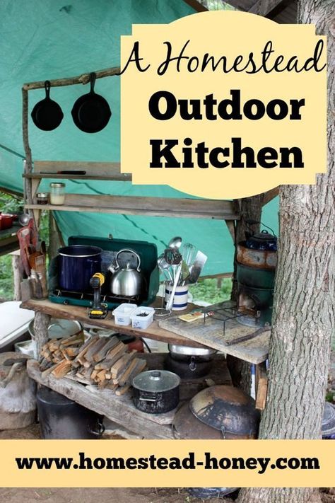 In the summer months, we move our homestead kitchen outdoors! Here's how we have set up a functional, low-cost outdoor kitchen for cooking or canning. | Homestead Honey Kitchen For Cooking, 1000 Lifehacks, Canning Kitchen, Off Grid Homestead, Homestead Kitchen, Outdoor Cooking Area, Homesteading Skills, Living Off The Land, Homestead Survival