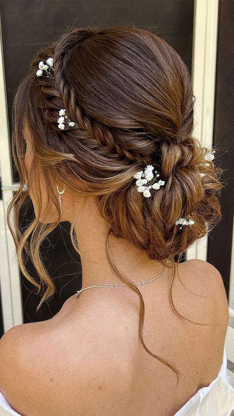 Bridal Hairstyles For Long Hair Updo Elegant Wedding, Wedding Long Hair Updo, Whimsical Wedding Updo, Braided Bun Wedding Hair, Wedding Bridesmaid Hair Updo, Updos For Wedding Bride, Prom Hair Styles Updos, Updo For Wedding The Bride, Messy Low Bun Wedding Hair