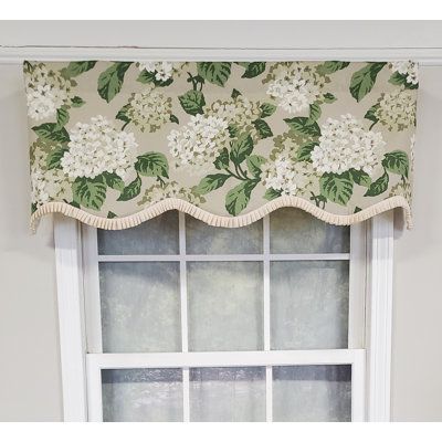 French kick pleated ribbon along the bottom. Color: Taupe RL Fisher Summerwind Provance Floral Scalloped 50" W Window Valance - Valances & Tiers in Brown | Size 17.0 H in | Perigold Dining Room Valance Ideas, Kitchen Valance Ideas, Grand Millenial, Kitchen Curtains And Valances, Scalloped Valance, Summer Wind, Window Covering, Wide Windows, Stylish Curtains