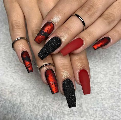 Valentine Nails Red And Black, Red And Black Lace Nails Design, Red And Black Acrylic Nails Designs Ideas, Red Black Gold Nails Design, Black Snd Red Nail Designs, Black And Red Holiday Nails, Black And Red Nails Christmas, Red And Black Wedding Nails, Red And Black Nails Design Coffin