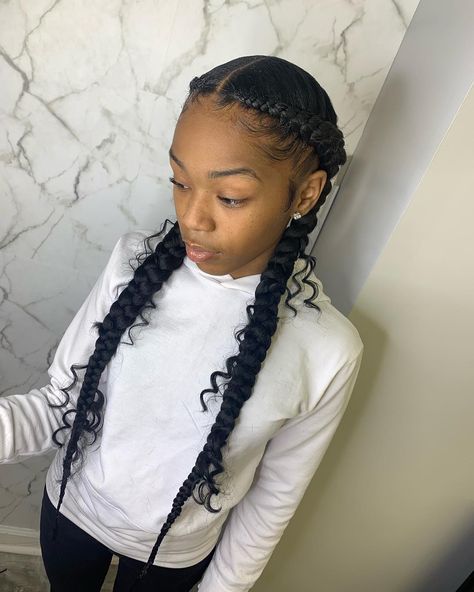 @1naebraids on Instagram: “2 braids with boho hair added 😍” 2 Box Braids Hairstyles, Two Braids And Curls, 2 Scalp Braids With Weave, Two Bohemian Feed In Braids, Boho Scalp Braids, Two Braids Hairstyle Black Women With Curls, 2 Boho Braids, Two Boho Braids, Boho 2 Braids