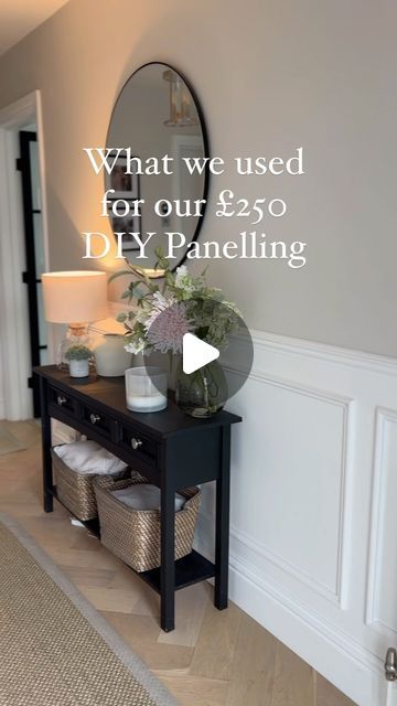 Sophie Higgs on Instagram: "PANELLING🤍 We used pine moulding and dado rail to create the DIY panelling in our hallway, it cost under £250 in total and is really easy to do

It’s such a cost effective way to completely transform a room. We decided on white paint for the panelling and then painted the top half of the walls the perfect neutral shade 

What are your thoughts on panelling do you think it’s here to stay? I love it I’m about to try ship lap panelling in my little girl, Darcie’s new bedroom 

Hope you have a lovely Sunday 
Sophie 😘

Moulding and dado rail @bandq_uk 
Paint on top half of walls @valsparpaintuk 
Paint on bottom half of walls @duluxtrade 
Console @amazonhome painted in @frenchicpaint 

#panelling #panelledwalls #diypanelling #hallwaydecor #hallwaydesign #panellingin Wall Molding Half, Half Wall Panelling Hallway, Hallway Panneling Ideas Beige, Diy Hallway Panelling, Moulding Half Wall, Hallway With Dado Rail, Half Wall Paneling Ideas Hallways, Wall Panelling Hallway, Panelling In Living Room