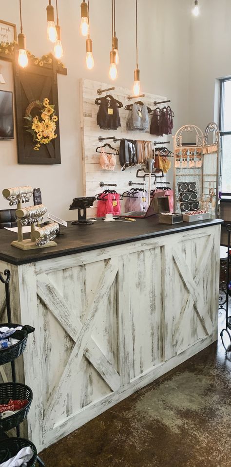 We are loving the transformation of our checkout counter. :) Front Of Store Display, Rustic Storefront Ideas, Store Front Design Boutiques, Country Boutique Decor, Boutique Counter Ideas Retail, Home Goods Boutique Ideas, Open Boutique Store, Diy Store Fixtures, Store Counter Ideas Retail