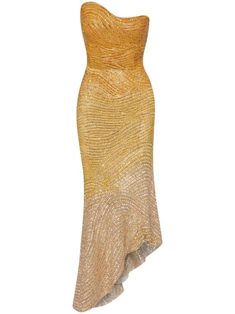 gold-tone silk crystal embellishment ombré effect asymmetric neck strapless fitted waistline mid-length asymmetric hem Princess Syndrome, Long Vintage Dress, Burlesque Vintage, Cocktail Dress Yellow, Embroidered Cocktail Dress, Gold Gown, City Dress, Dress Yellow, Crystal Embellishment