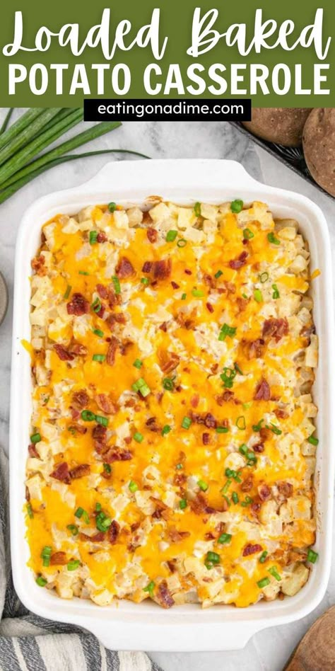 This Homemade Loaded Baked Potato Casserole is loaded with flavors and tastes amazing. It is easy to make and the perfect side dish. All the ingredients are baked to perfection in a casserole dish. This side dish is almost like a twice baked potato casserole, so I know your family will love it. #eatingonadime #loadedbakedpotatocasserole #potatocasserolerecipe Loaded Potato Casserole, Twice Baked Potato Casserole, Easy Baked Potato, Loaded Baked Potato Casserole, Baked Mashed Potatoes, Twice Baked Potato, Twice Baked Potatoes Casserole, Baked Potato Casserole, Loaded Baked Potato