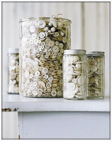 Clean out that jar of buttons with these simple button craft projects. 12 great button craft projects. From jewelry to home decor, it's all here. Display Collections, Lovely Images, Vintage Jars, Repurposed Jewelry, Rock Candy, Button Art, Recycled Bottles, Button Crafts, White Decor