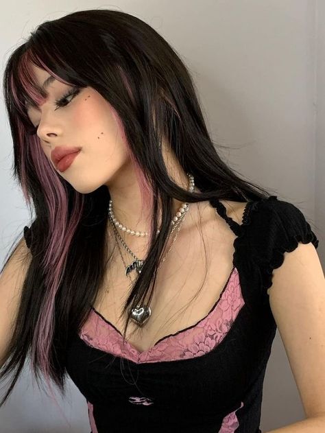 Dyed Pieces Of Hair, Asian Bbg Hair, Draculaura Hair Aesthetic, Maroon Underdye Hair, Brow Hair Colour Ideas, Sultry Hair Color, Black With Colored Highlights, Blonde Strip In Dark Hair, Cool Ways To Dye Hair