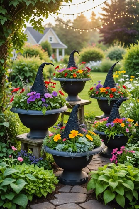 20 Stunning Witchy Garden Design Ideas – ToolzView Halloween Hanging Planter Ideas, Witch Aesthetic Front Porch, Cauldron Decoration Ideas Front Porch, Garden Witch Decor, Halloween Pots Ideas, Halloween Flower Boxes, Cauldron Planter Ideas, Outdoor Halloween Planter Ideas, Spooky Garden Ideas